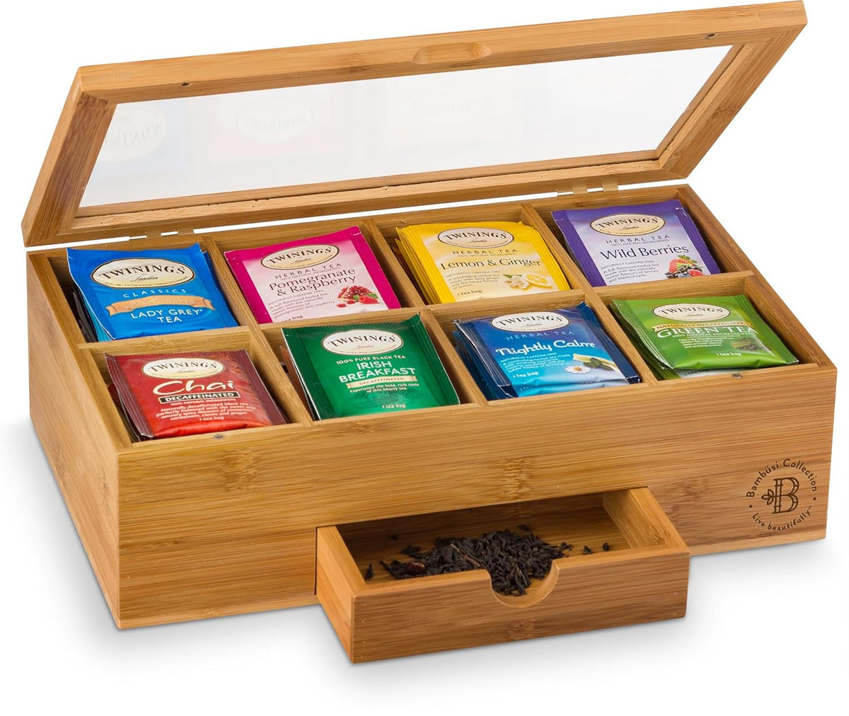 BAMBUSI Tea Bag Organizer - Bamboo Tea Box Storage with Drawer & Acrylic Window, Tea Organizer Holder, Tea Bag Holder, Tea Storage Box, Tea Box Organizer, Gift Idea for Home Kitchen (Tea Not Included)