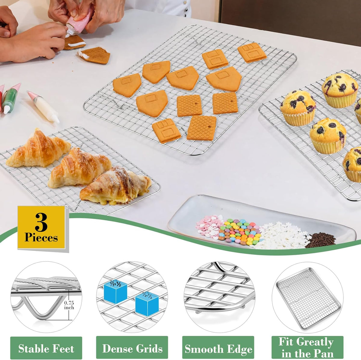 TeamFar Baking Sheet with Rack Set (3 Pans + 3 Racks), Stainless Steel Baking Pan Cookie Sheet with Cooling Rack, Non Toxic & Heavy Duty, Easy Clean & Dishwasher Safe
