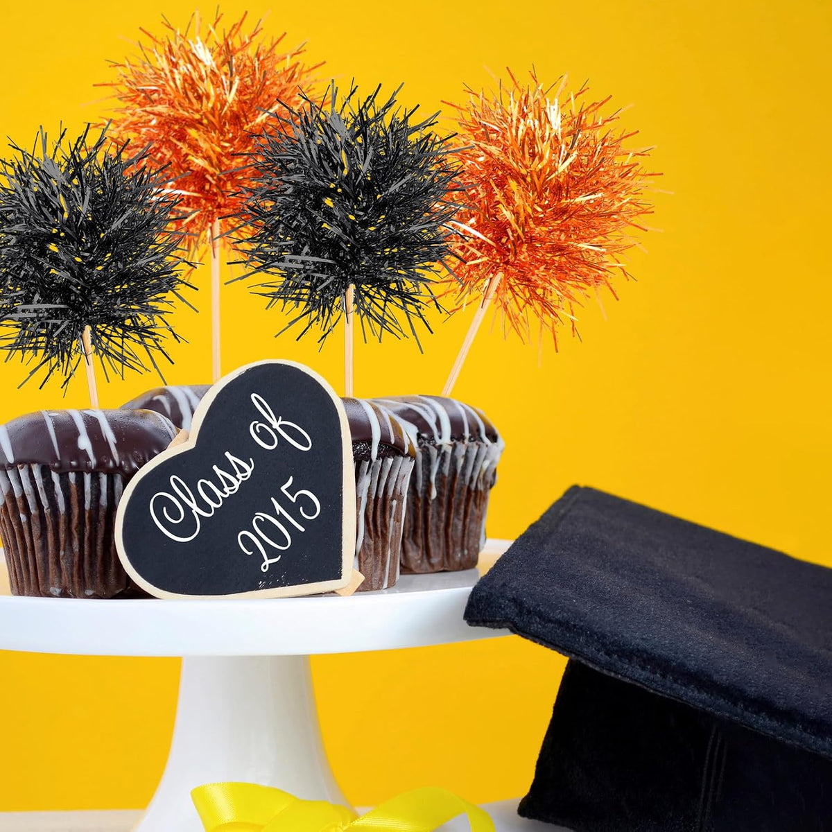 Chinco 100 Pcs Foil Firework Cupcake Toppers Sparkle Tinsel Cake Toppers Cake Decoration Cocktail Fruit Toothpick for Birthday Wedding Graduation Party(Orange, Black)