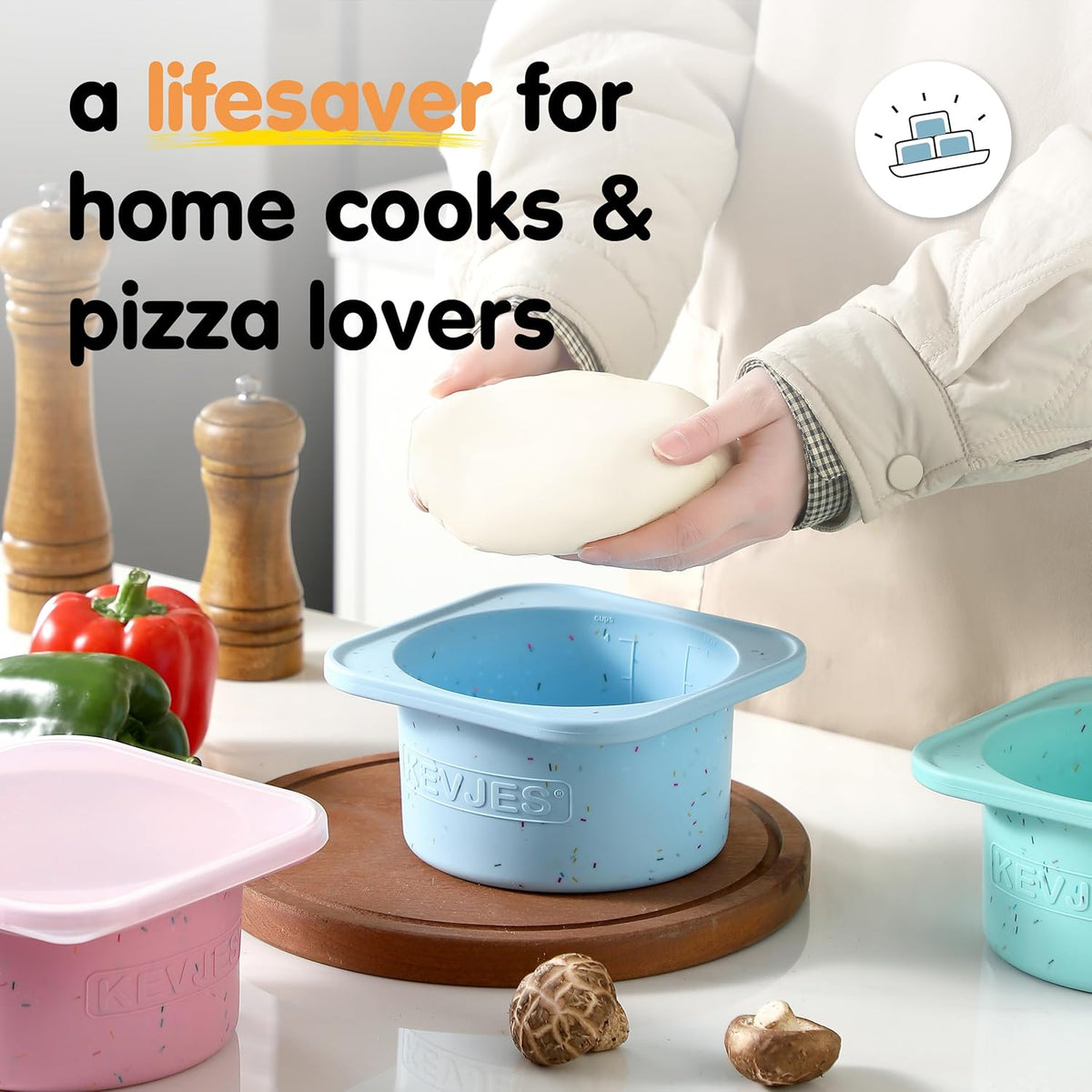 PLUS 1000ml Pizza Dough Proofing Containers for DIY family Artisan Pizza, Food Grade Silicone Stackable Boxes with Lids, Freezer, Fridge, Dishwasher Safe-Sprinkles Pattern-3 Pack (Aqua)