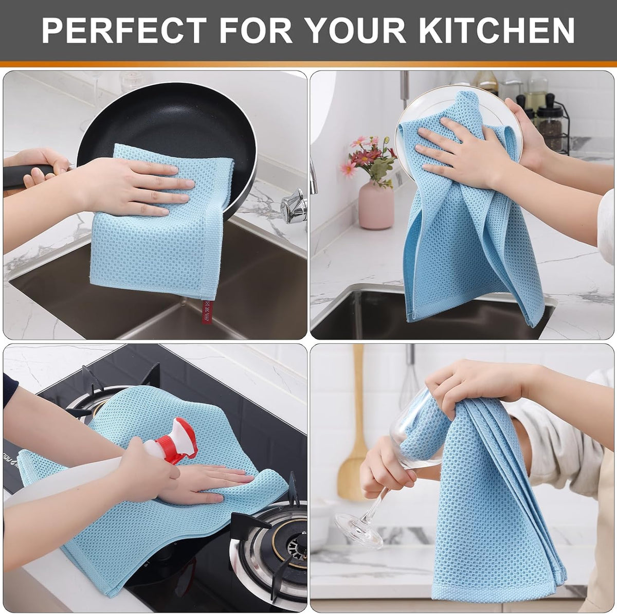 Kitinjoy 100% Cotton Waffle Weave Kitchen Towels (13 X 28 Inches, Sky Blue), 12-Pack Super Soft and Absorbent Dish Towels for Drying Dishes, Kitchen Hand Towels