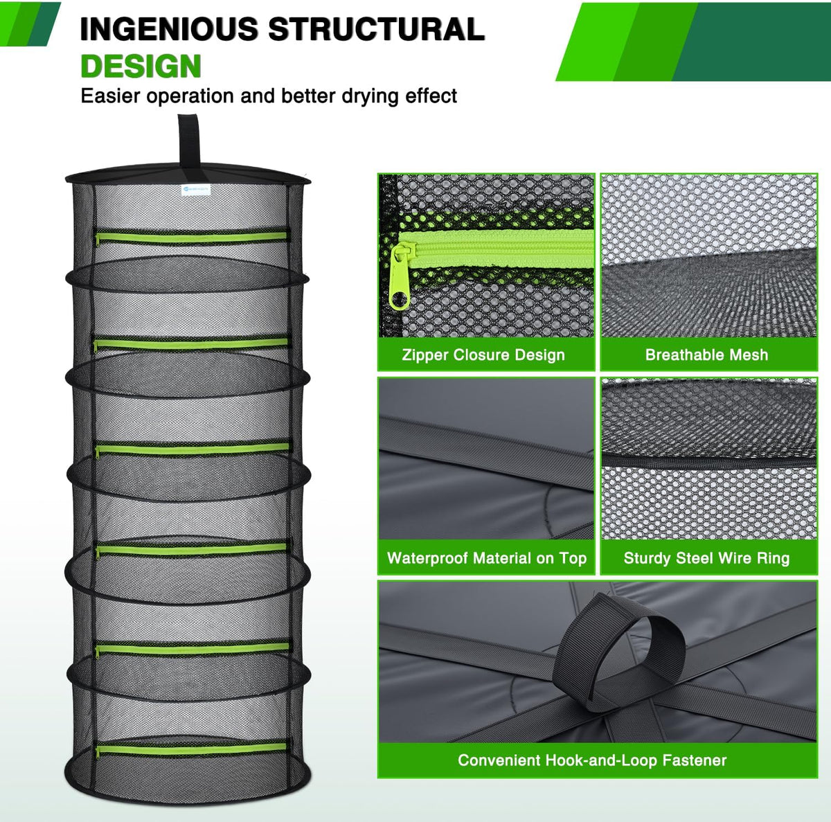 Yesker 6 Layer Herb Drying Rack Hanging Mesh Net Foldable Plant Drying Racks 24" w Green Zipper Pruning Shears Hook Dryer Hanging Rack for Herbs Seed Bud Fruit Clothes Grow Tent Closets Garden Outdoor
