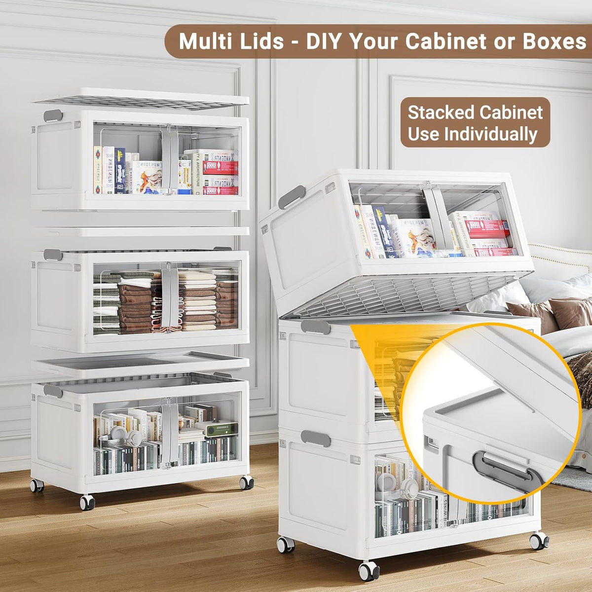 800QT Stackable Storage Bins with Lids, 200Gal Extra Large Collapsible Storage Box with Wheel, Plastic Storages with Clear Door Open Front for Home Bedroom Garage, White-5pack(5 lids)