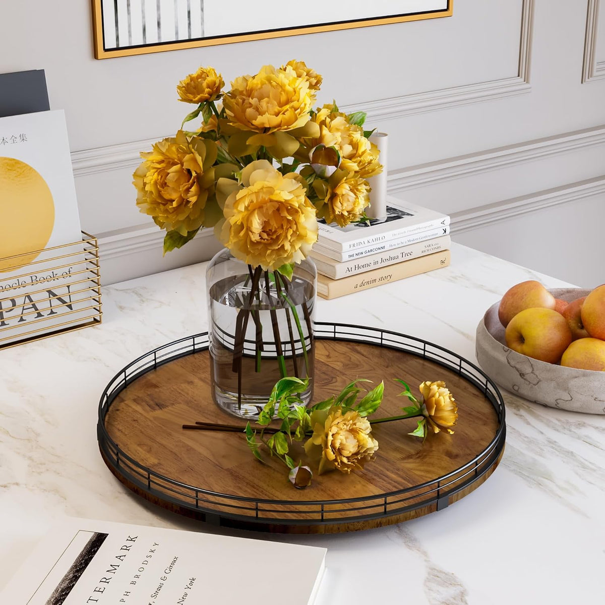 Farmhouse Oak 18" Lazy Susan Turntable Organizer for Cabinet, Round Wooden Lazy Susan Organization and Storage for Dining Table, Pantry, Kitchen, Countertop, Cupboard,Home Decor, Walnut Wood (18")