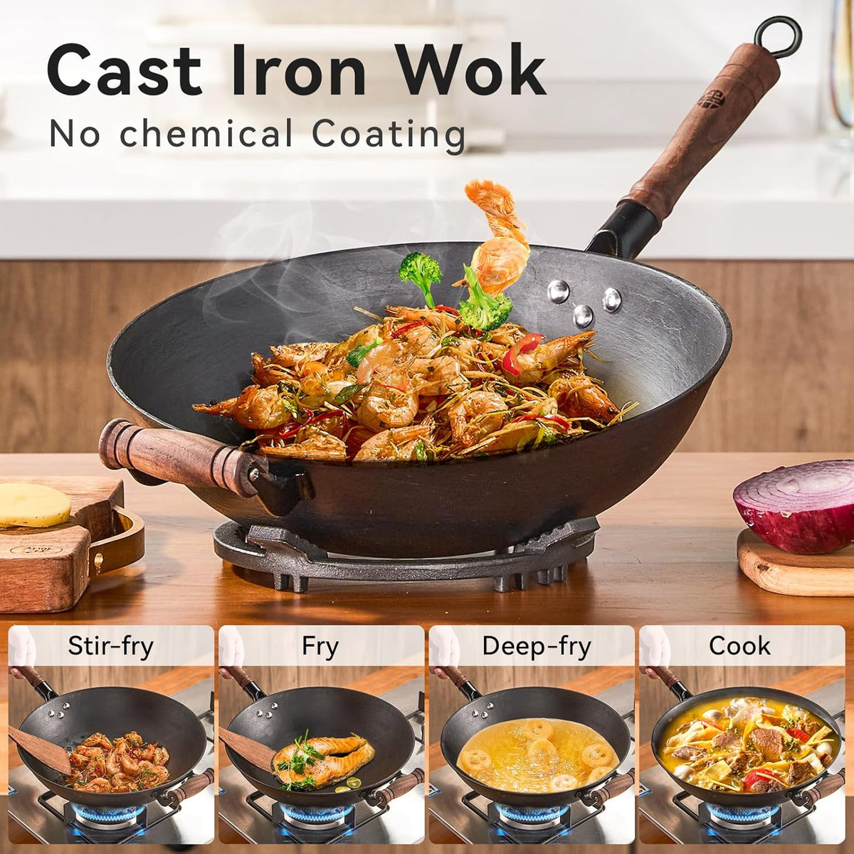 WANGYUANJI 14.2 Inch Cast Iron Wok with Lid – Flat Bottom Chinese Stir Fry Pan, Handcrafted Non-Coated Iron Cookware for Induction, Gas & Electric Stoves, Black
