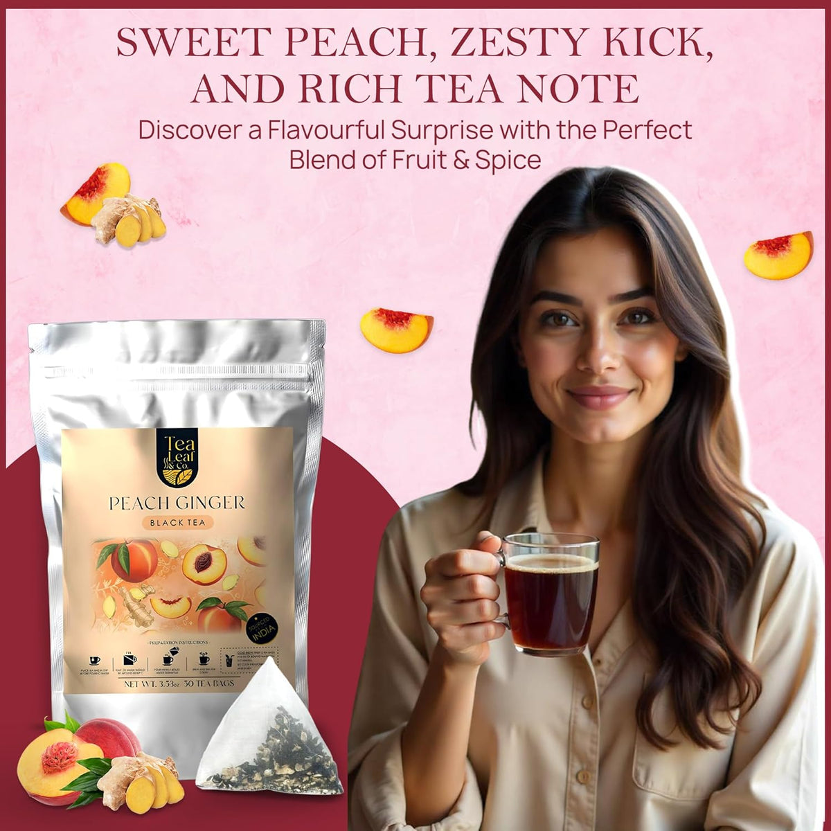 Tealeaf & Co. Peach Ginger Tea Blended with Organic Spices - Organic Black Tea Bags with Ginger & Peach Flavor - Flavored Blend with Low Caffeine - Gluten Free - 50 Teabags