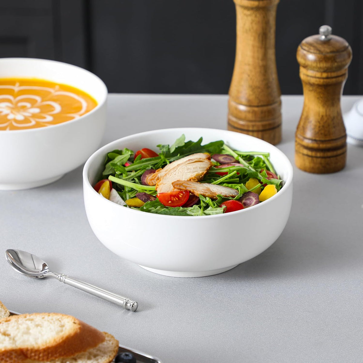 MALACASA Salad Bowls Set, 44 OZ (7") Large Soup Bowls Cereal Bowl for Kitchen, White Ceramic Bowls Set of 2, Dishwasher & Microwave Safe,Series REGULAR