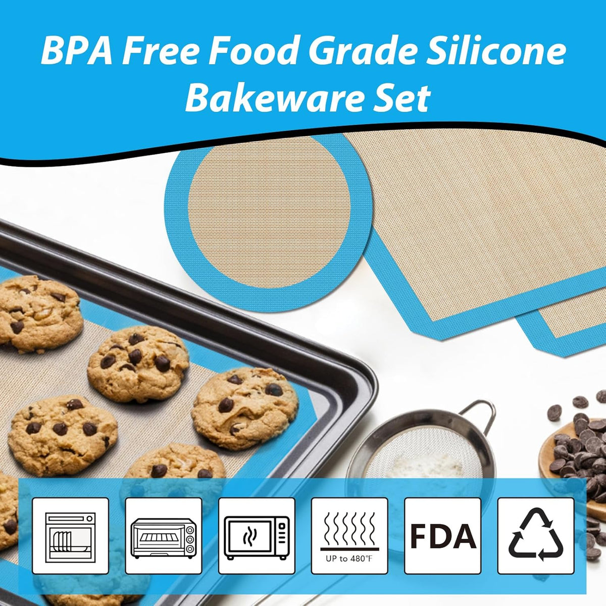 UBeesize 3 Pack Silicone Baking Mats, Non-Stick Oven Liners, Reusable Food Safe Cookie Sheets For Baking, Warp Resistant & Heavy Duty Bakeware Mat For Making Macaroon, Pizza, Cookie, Pastry, Bread