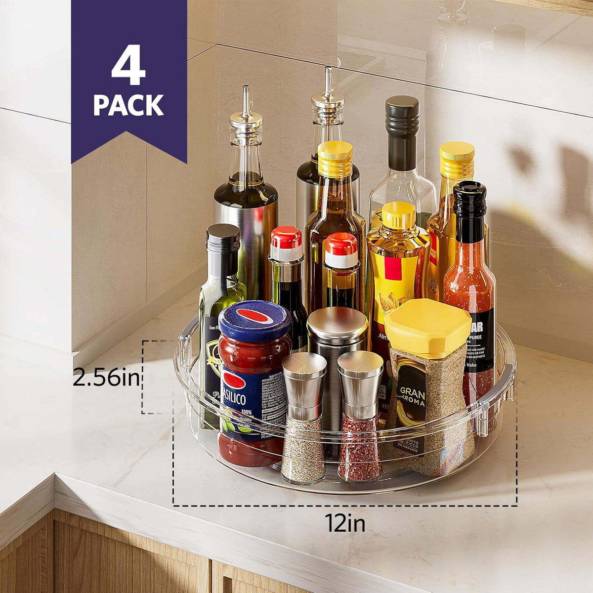 LAMU 4 Pack 12in Lazy Susan Organizer, Clear Lazy Susan Turntable for Cabinet, Refrigerator, Table Top, Kitchen, Bathroom, Pantry Organizers and Storage