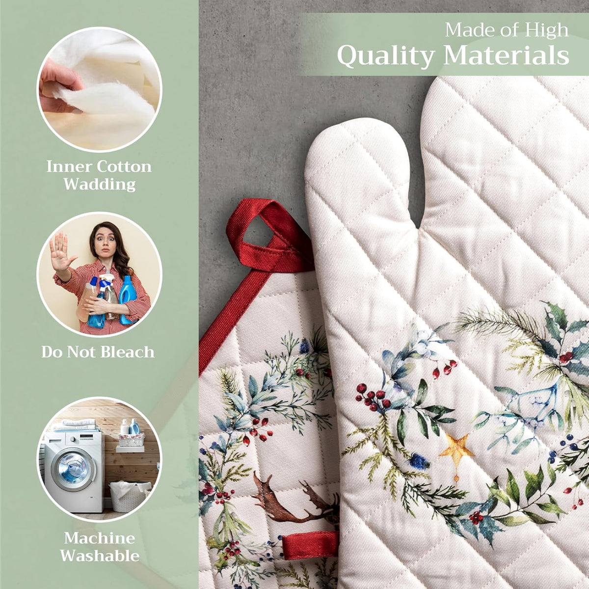 Maison d' Hermine 100% Cotton Oven Mitt & Pot Holder Set (7.5"x13" & 8"x8") Heat Resistant BBQ Cooking Gloves with Loop, Baking, Grilling, Kitchen, Handling Hot Pans (Holly Time)
