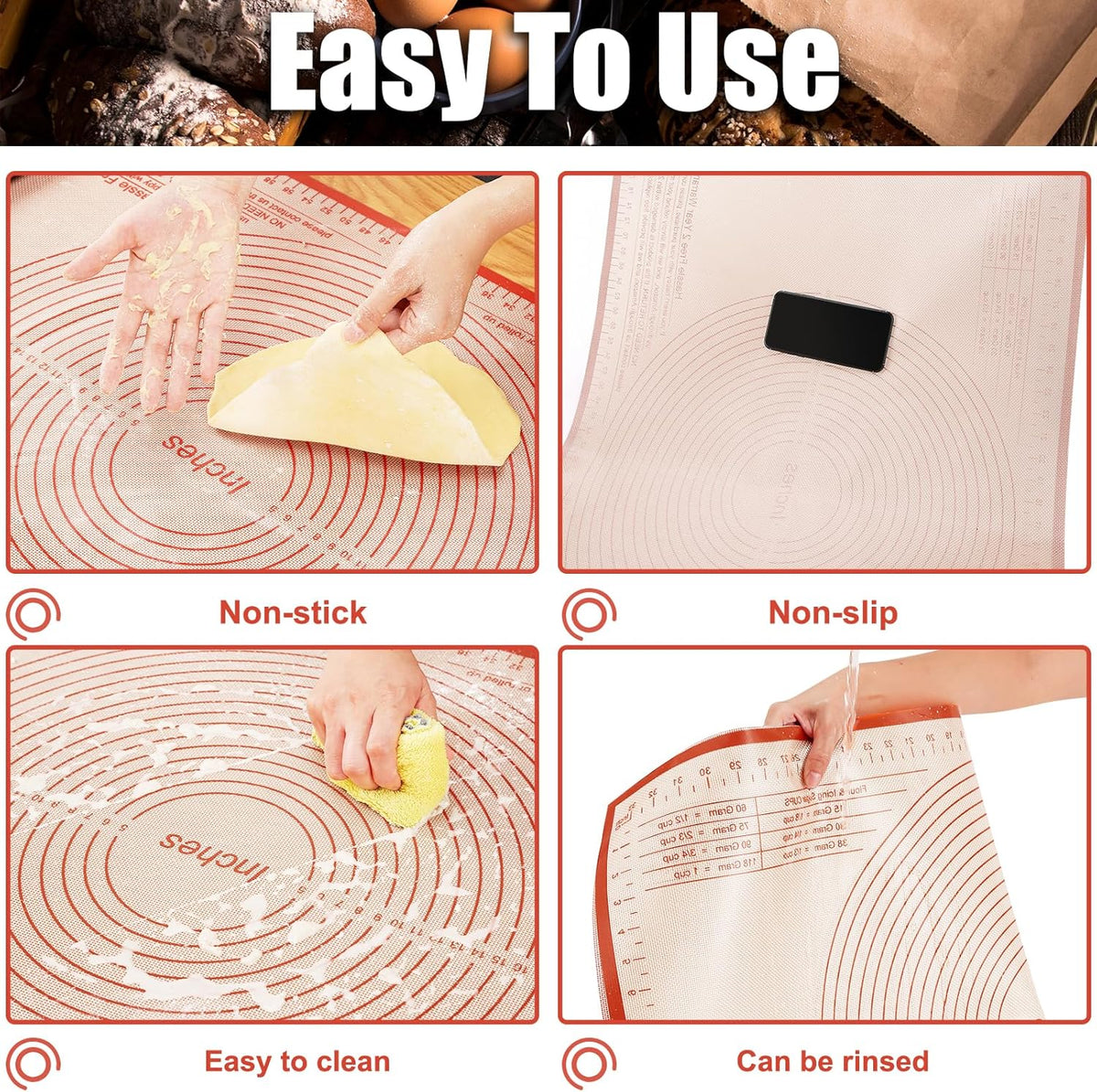 Silicone Pastry Mat 36x24 Inch Nonstick Baking Mat Perfect for Dough, Pastry Board, Dough Rolling, Kneading Board, Pie Crust, Fondant, Pasta/Pizza, Kitchen Counter Mat