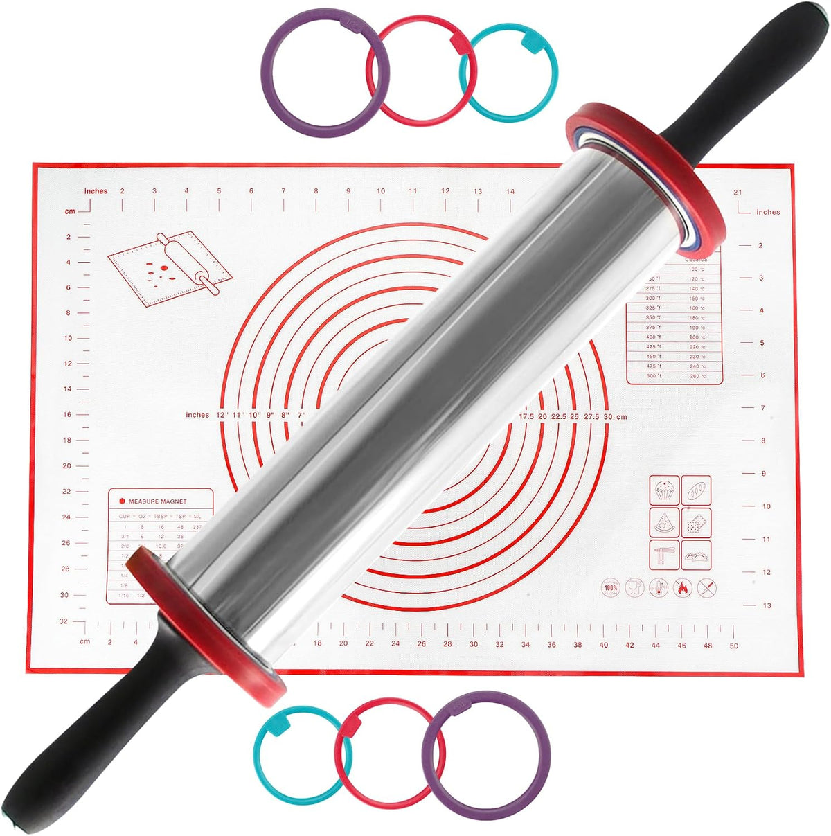 Rolling Pins,Rolling Pin and Silicone Baking Pastry Mat Set,Rolling Pins,Adjustable Stainless Steel Rolling Pin with Thickness Rings for Baking Dough,Pizza,Pie,Pasta(Red Mat)