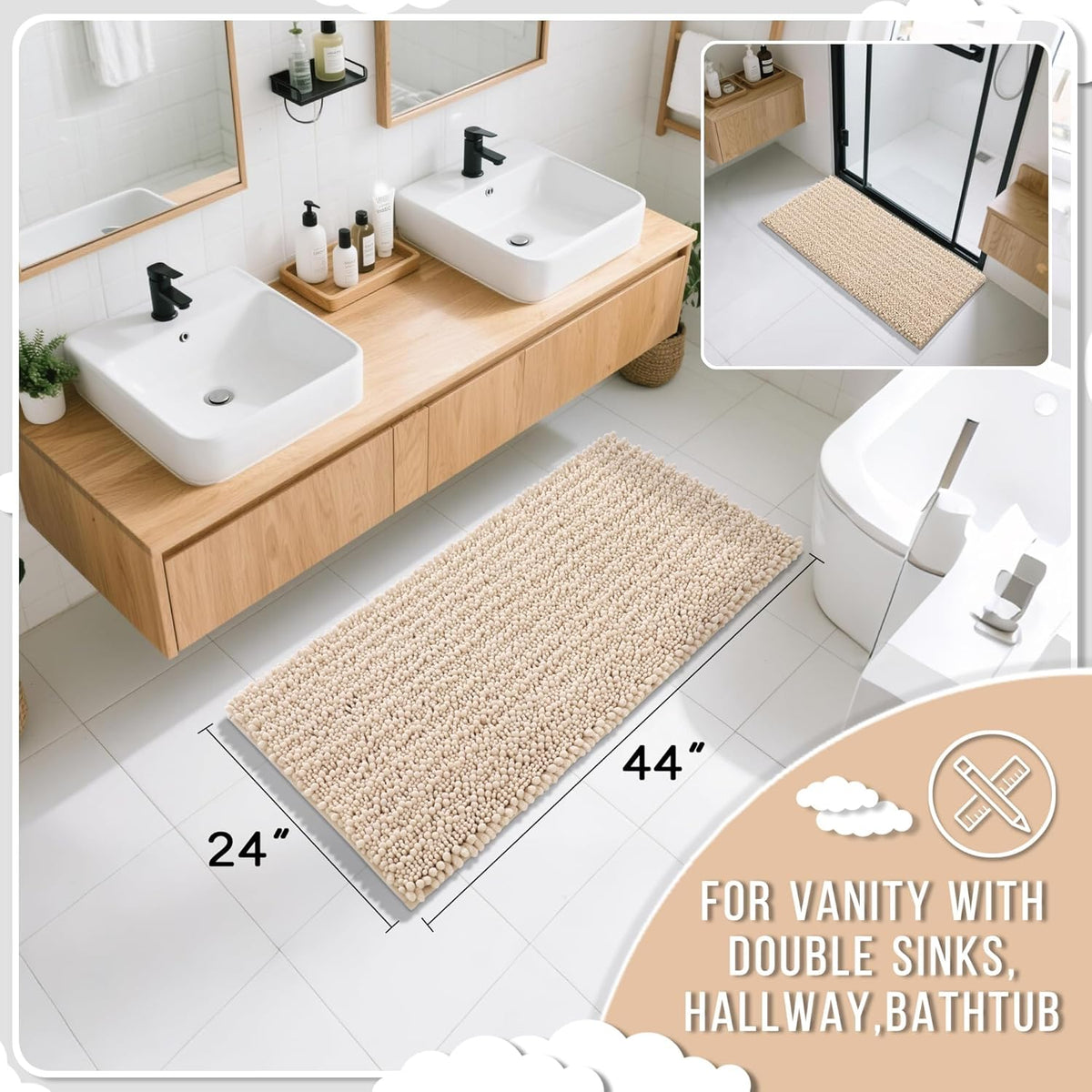 Yimobra Long Bathroom Rugs Non Slip Washable 44x24 Inch - Ultra Soft Absorbent Polyester Bath Mat, Quick Dry Shaggy Floor Carpet for Tub Shower, Light Brown Home Decor Accessories