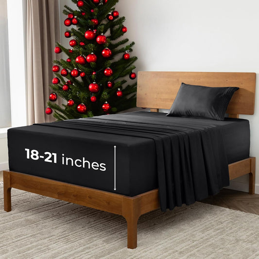 Mellanni Extra Deep Twin Sheets - 3 PC Iconic Collection Bedding - Hotel Luxury, Ultra Soft, Cooling Bed Sheets - Wrinkle, Fade, Stain Resistant (Twin, Black)
