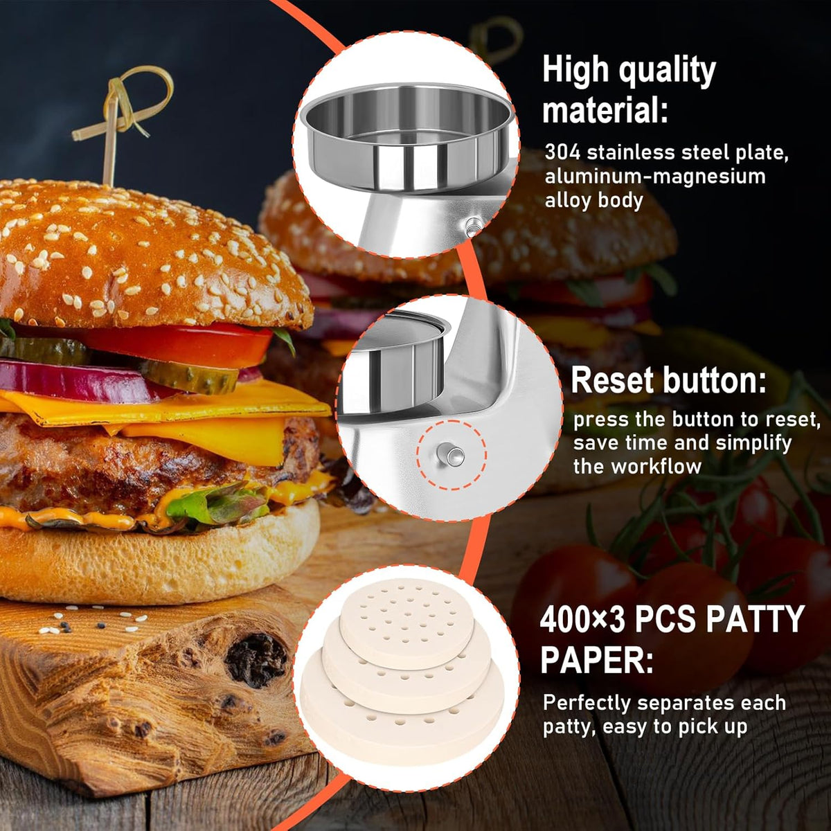 Commercial Burger Patty Maker 3 in 1 Stainless Steel Heavy Duty Hamburger Press (4/5/6-inch) Commercial Hamburger Press Patty Maker Machine with 1200 Pcs Patty Papers for Beef Pork Chicken Patty