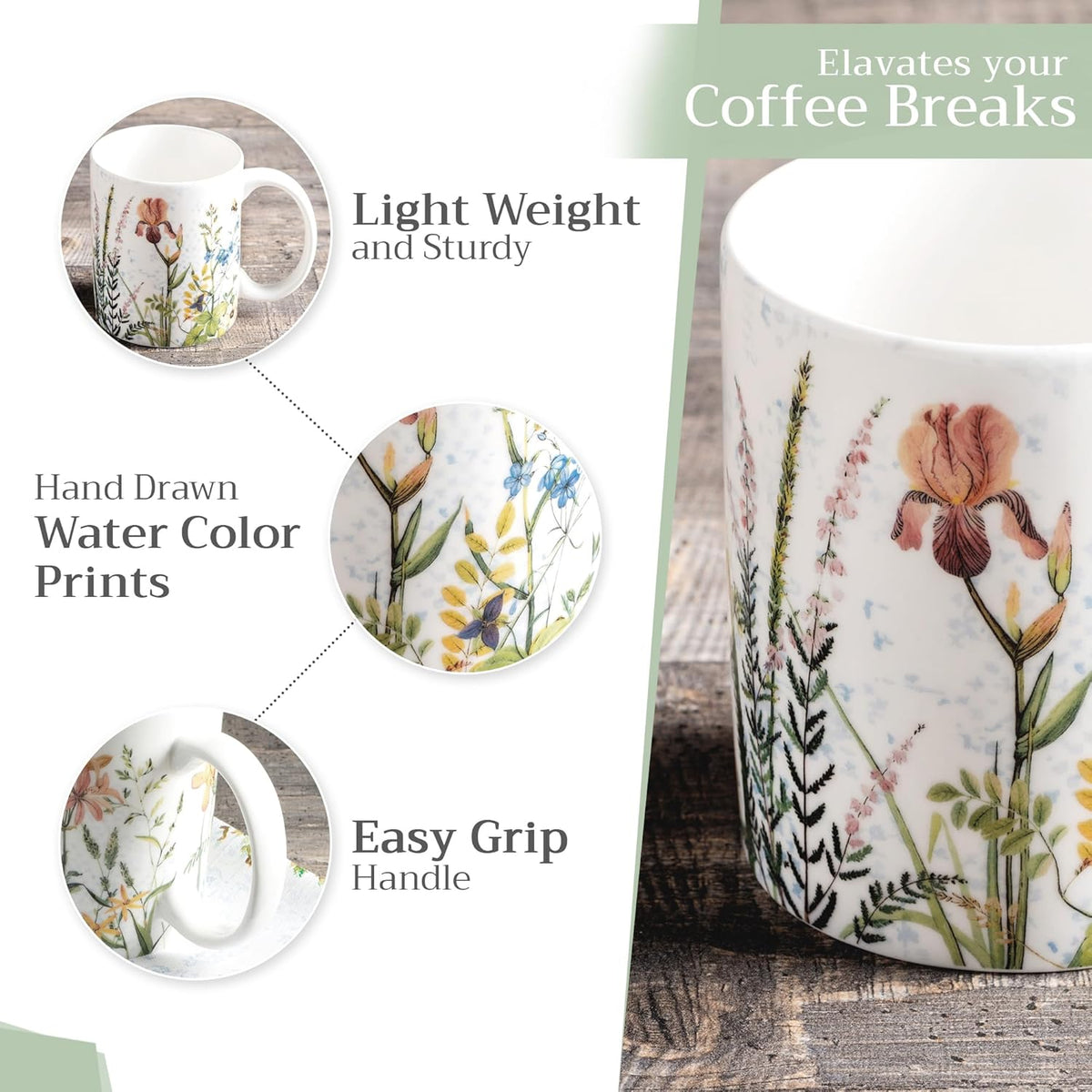 Maison d' Hermine Coffee Mug with Handles Fine Bone China Mugs Pack of One Tea Cups for Hot Beverages Cappuccino Latte Home Restaurant Office Perfect for Gift (Fleurs De Mai - Prairie, 15 Ounce)