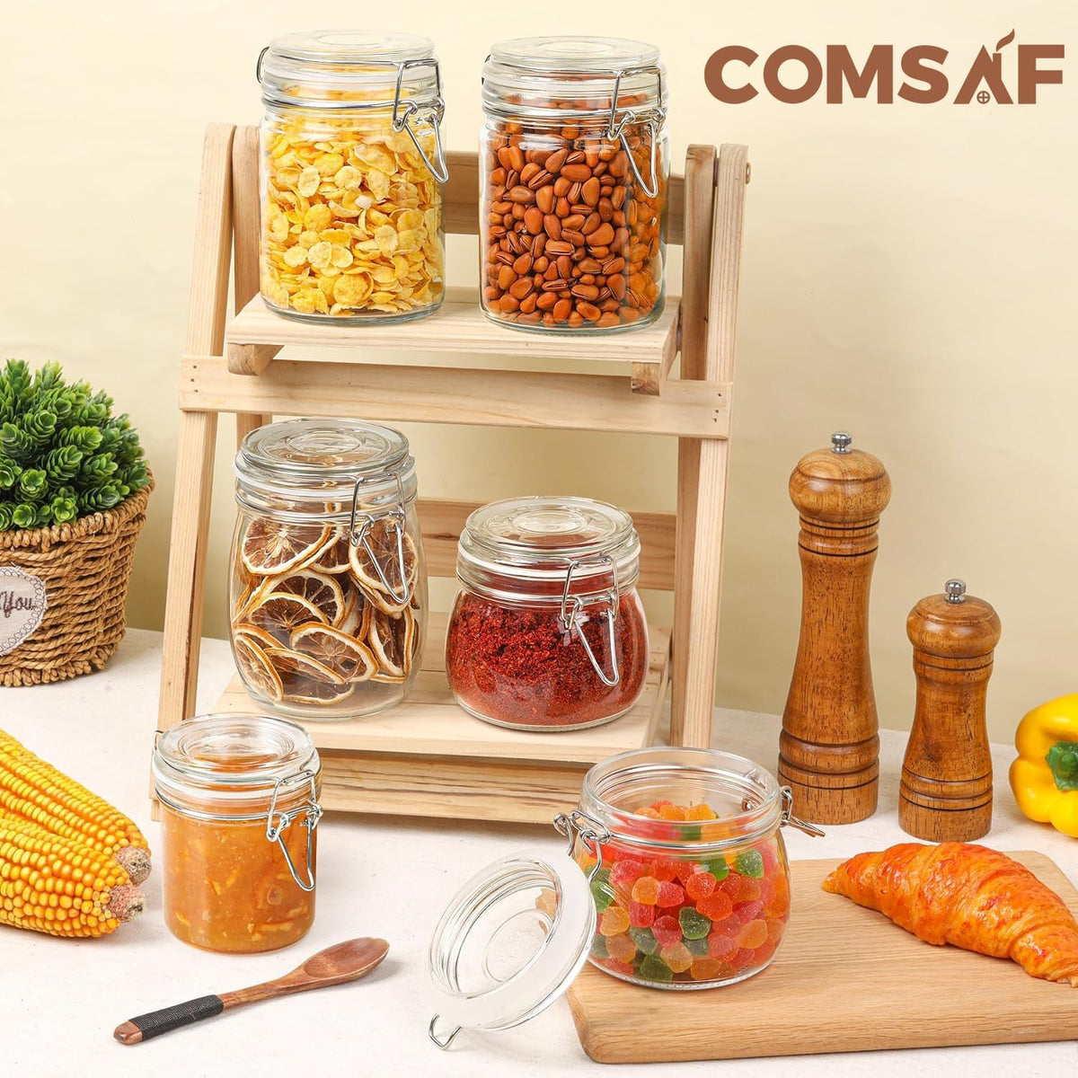 ComSaf 8oz Small Airtight Glass Jars Set of 12 with Lid Food Storage Jar Round, Mini Storage Container with Clear Preserving Seal Wire Clip Fastening for Kitchen Canning, Jam, Spice, Honey, Mason Jars