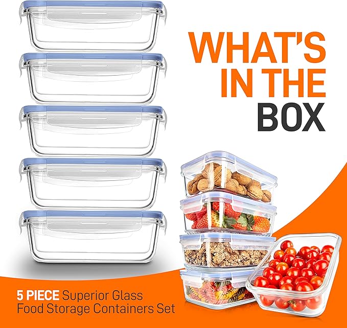 NutriChef 10-Piece Superior Glass Food Storage Containers Set (5 Containers + 5 Locking Lids),Stackable Meal-prep Design, BPA-free Airtight Clear Locking lids with Vent Lids & Air Hole, Blue