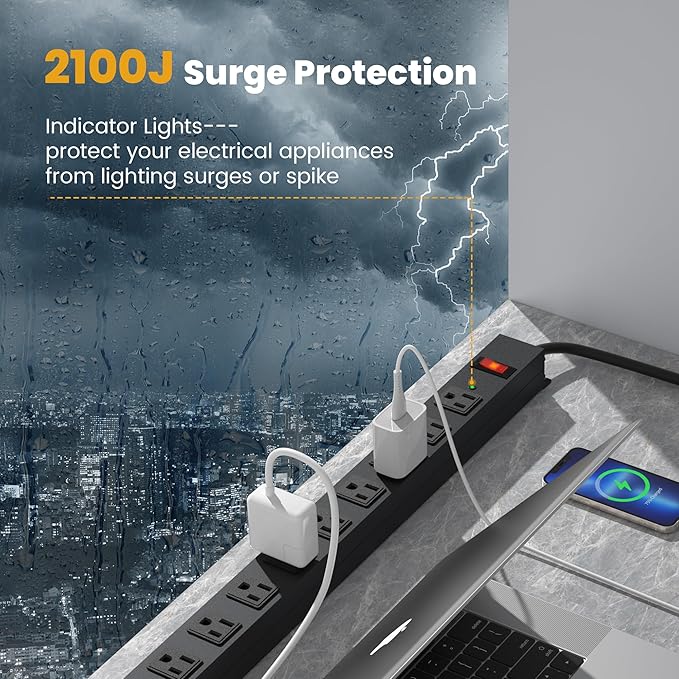 12 Outlet Long Power Strip Surge Protector with 2100 Joules, 3FT Power Cord, Wide Spaced Outlet Power Bar, Overload Protection Switch, Industrial Heavy Duty for Work Bench, Shop, Garage (Black)