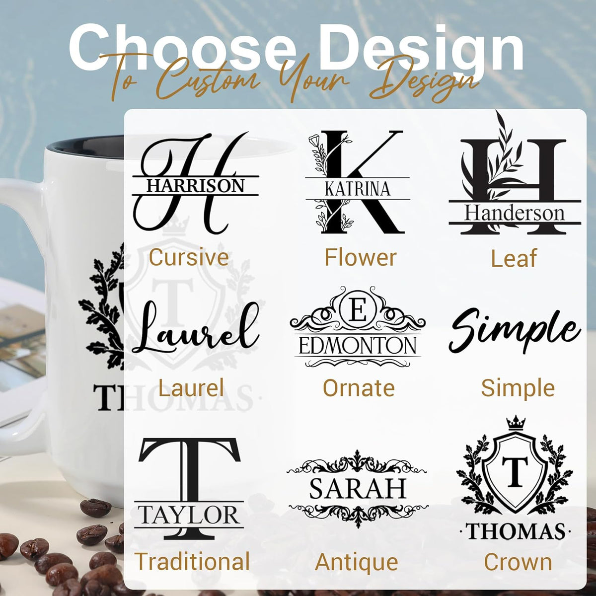 Personalized Coffee Mug - 15oz Engraved Mug with Custom Text & Name, Initials Monogram Tea Cup Gifts for Men & Women, Birthdays, Mother's Day, Anniversary, Customized Coffee Cup, Tazas Personalizadas