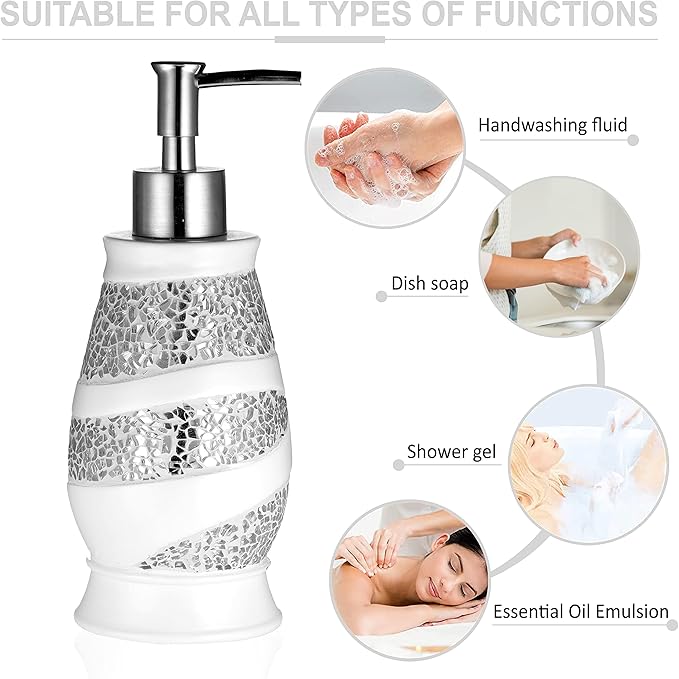 Zahari Home 4pc Sinatra Stylish Bathroom Accessories Set White Soap Dispenser, Tumbler, Tooth Brush Holder and Soap Dish Modern Classic Luxury Decor Bling Mosaic Glass White Bathroom Accessories