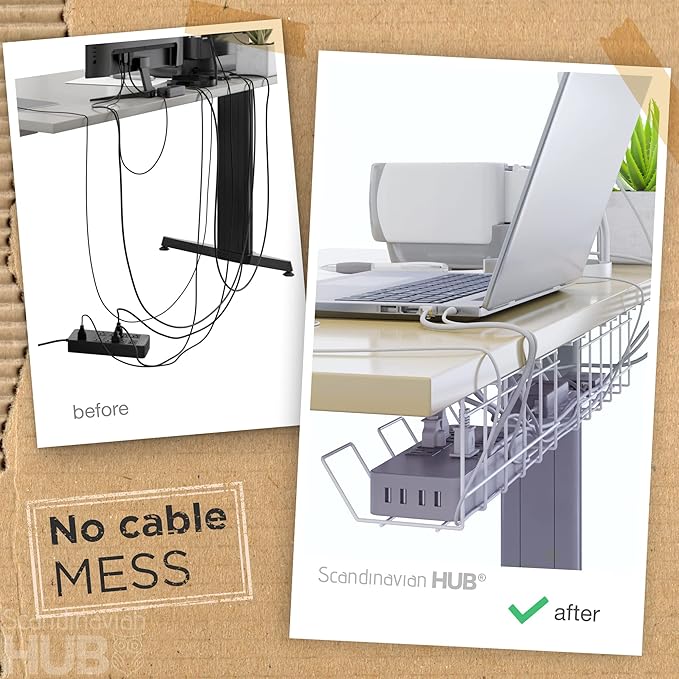 Compact Under Desk Cable Tray Organizer – Wire Management Set, White (2-Pack, 12")
