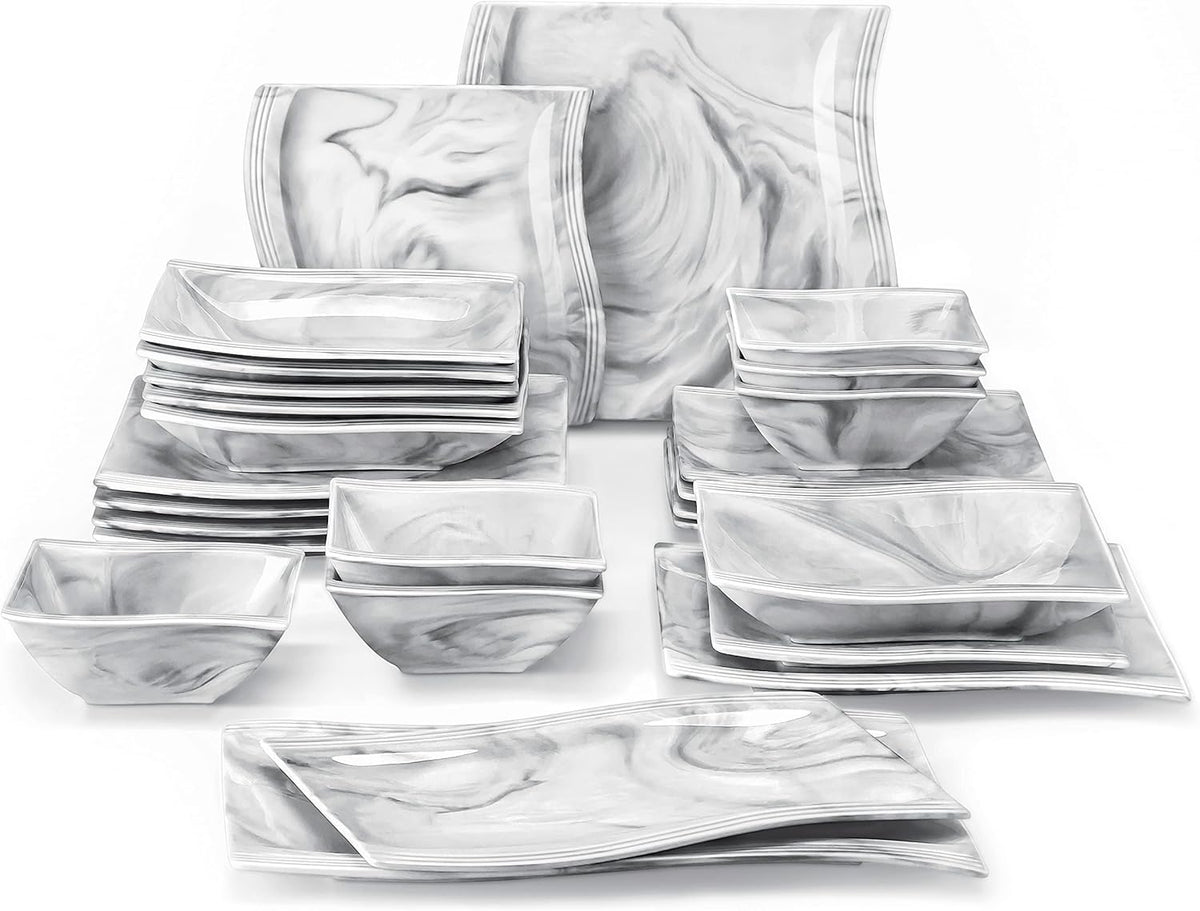 MALACASA Square Dinnerware Sets, 26-Piece Marble Grey Plates and Bowls Sets, Porcelain Dinner Set Microwave Safe, Kitchen Dinnerware Plates Set, Dishes and Bowls, Dish Set for 6, Series Flora