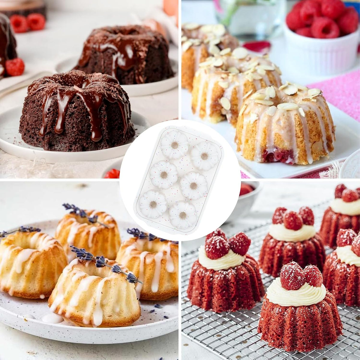 Mini Bundt Cake Pans for Baking, Silicone 6-Cavity Fluted Tube Cake Pan with Metal Reinforced Frame, Nonstick Baking Molds for Cupcake, Brownie, Donuts, Cornbread, Jello