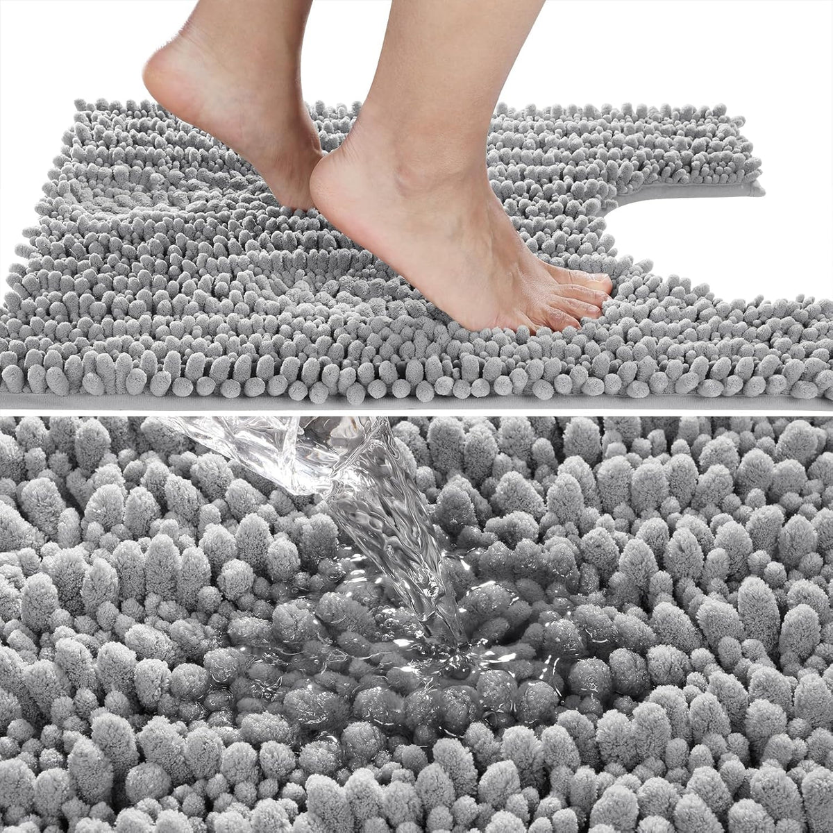 Yimobra Toilet Rug U Shaped Washable 24x20 Inch - Ultra Soft Absorbent Chenille Bath Rugs for Toilet, Quick Dry & Machine Washable, Non Slip Contour Bathroom Mat, Gray