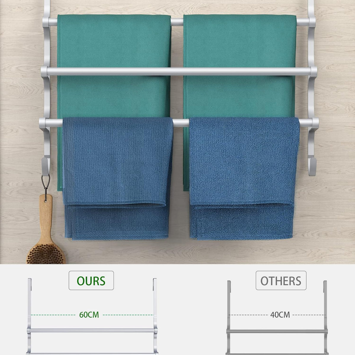 Over The Door Towel Rack, Triple Towel Storage Holder with Hooks, 24.02 Inches Towel Bar Hanger Towel Racks for Bathroom (Silver)