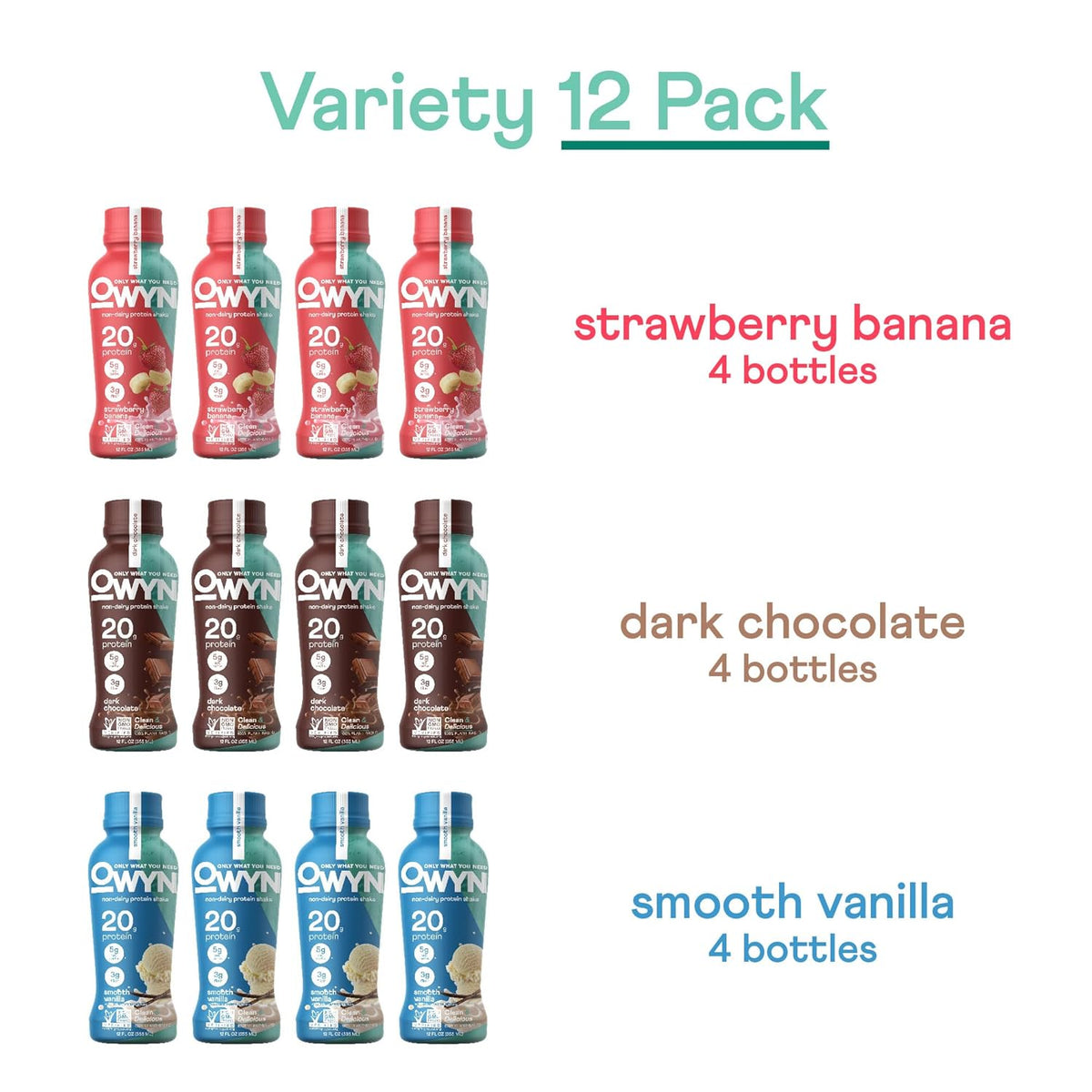 OWYN Only What You Need Protein Shake, 20g Vegan Protein, Ready to Drink, Dairy Free, Great Taste, 4g Sugar, 5g Net Carbs, Strawberry Banana Variety Pack, 12 Fl Oz (12 Pack)