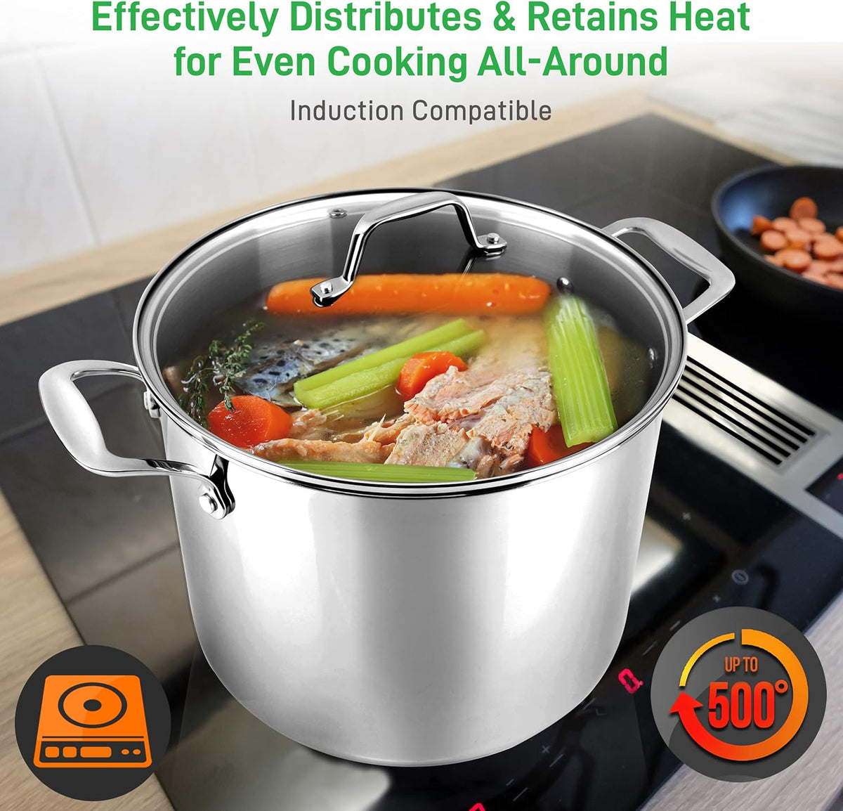 NutriChef 12-Quart Stainless Steel Stockpot – 18/8 Food Grade Heavy-Duty Induction-Compatible Pot with See-Through Lid, Ideal for Stews, Broths, Simmering & Soups, Dishwasher Safe – NCSP12