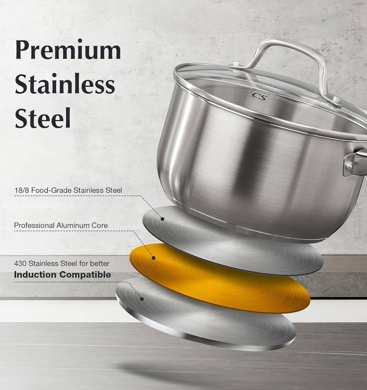 KOCH SYSTEME CS 1 Quart Stainless Steel Saucepan, 1 Quart Saucepan with Lid, Premium Steel Sauce Pan, Indutcion Sauce Pan with Lid, Small Sauce Pot, Stainless Steel Pot 1 QT, Oven Safe