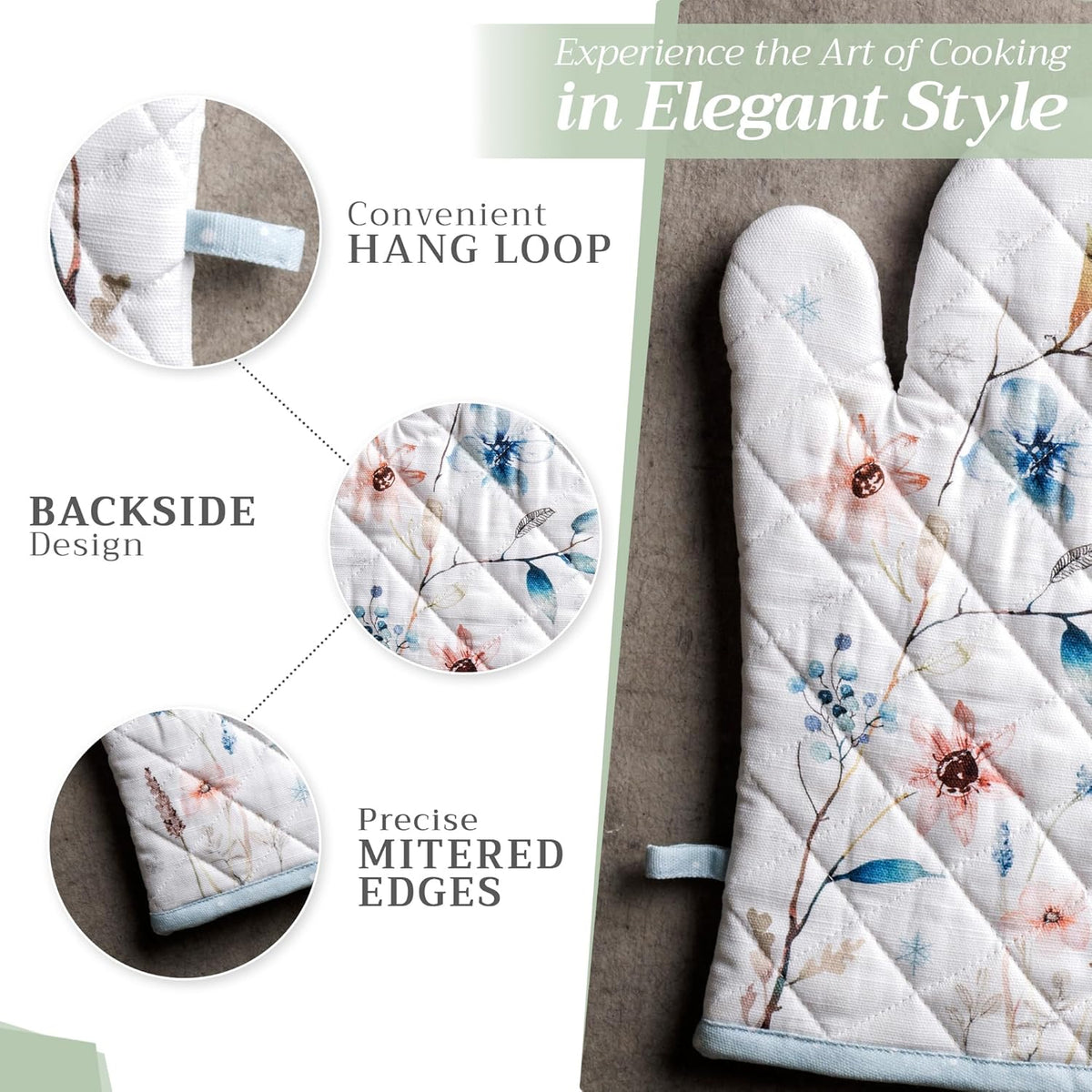 Maison d' Hermine Oven Gloves 100% Cotton Oven Mitt 7" x 13" with Loop Heat Resistant, BBQ, Cooking Gloves, Baking, Grilling, Kitchen, Handling Hot Pans (Pack of 1, Ice Florals)