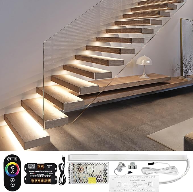 PARMIDA Intelligent Motion Sensor LED Indoor Stair Lighting Kit, RGB & 5CCT Color Selectable, 24" Aluminum Light Bars, Staircase Cascading Style, Remote Control, Dimmable, UL Driver, 200W - 20 Steps