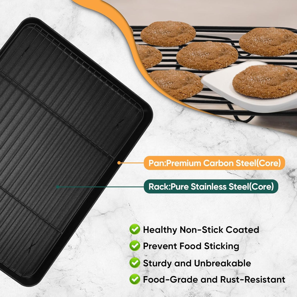 P&P CHEF Baking Oven Sheet Pan with Rack for Cookie, Nonstick Oven Tray and Cooling Rack for Baking & Roasting, Easy Clean, Black, 12.4 x 9.7 Inch
