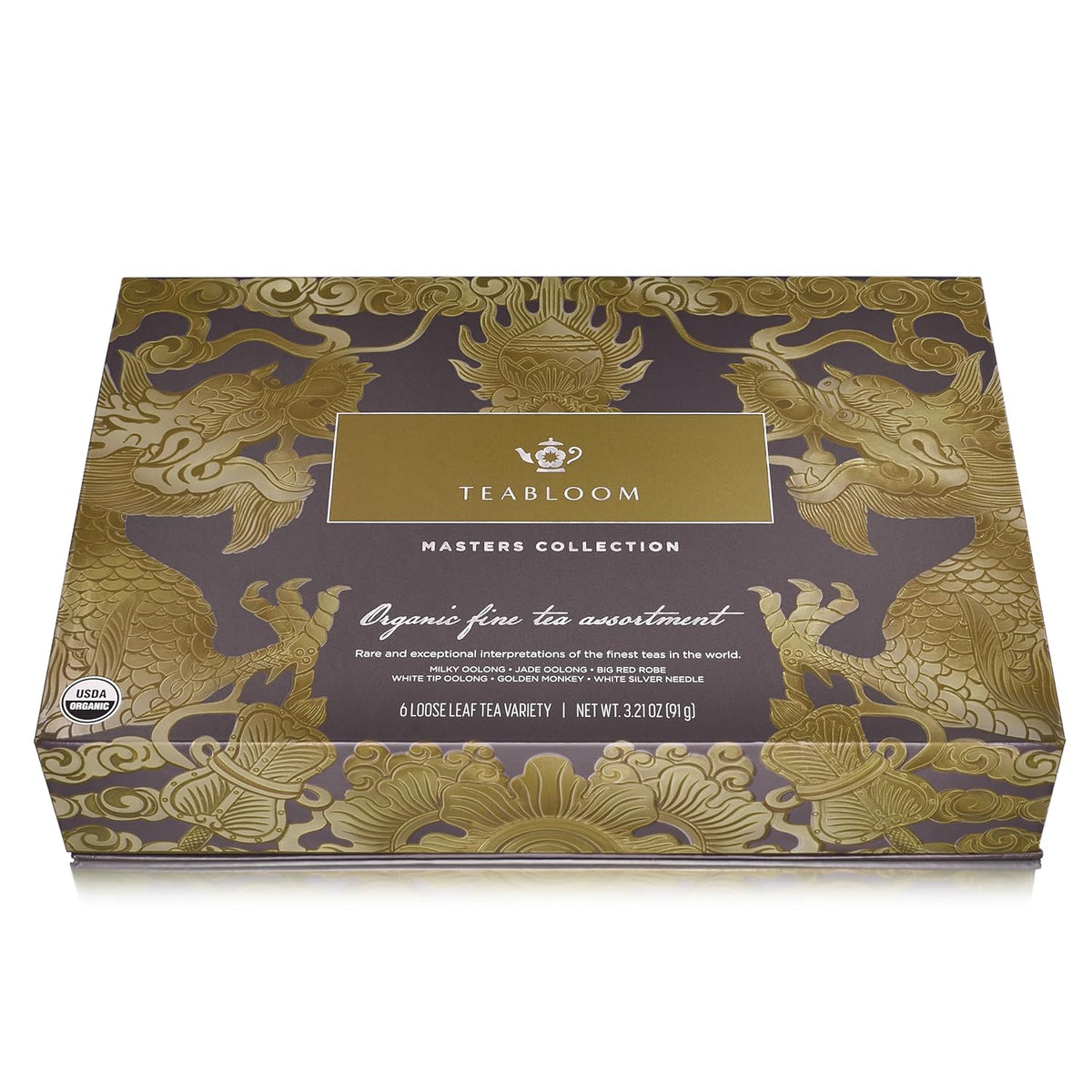 Teabloom Masters Collection - Six Rare Single-Origin Organic Loose Leaf Teas - Milky Oolong, White Silver Needle, Big Red Robe, Golden Monkey, Jade and White Tip Oolong
