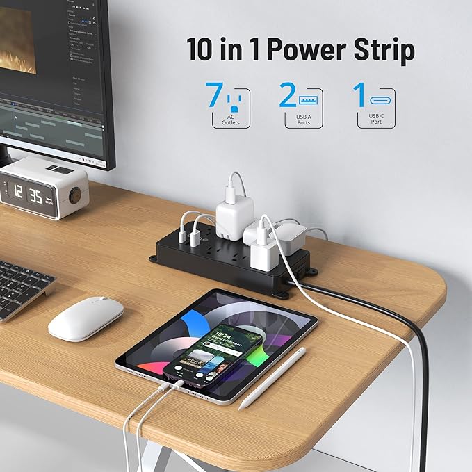 TROND Power Strip Surge Protector, 7 Widely-Spaced Outlets, 2 USB-A & 1 USB-C, ETL Listed, Flat Plug 5ft Extension Cord, Wall Mountable, 1700J, 14AWG Heavy Duty, for Home Office Garage, Black