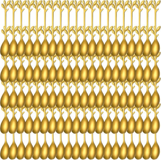 100 Pcs Demitasse Espresso Spoons Stainless Steel Bulk, 4.33'' Small Mini Coffee Tasting Dessert Spoons for Kitchen Dessert, Tea, Appetizer, 1.18'' Wide(Leave,Gold)