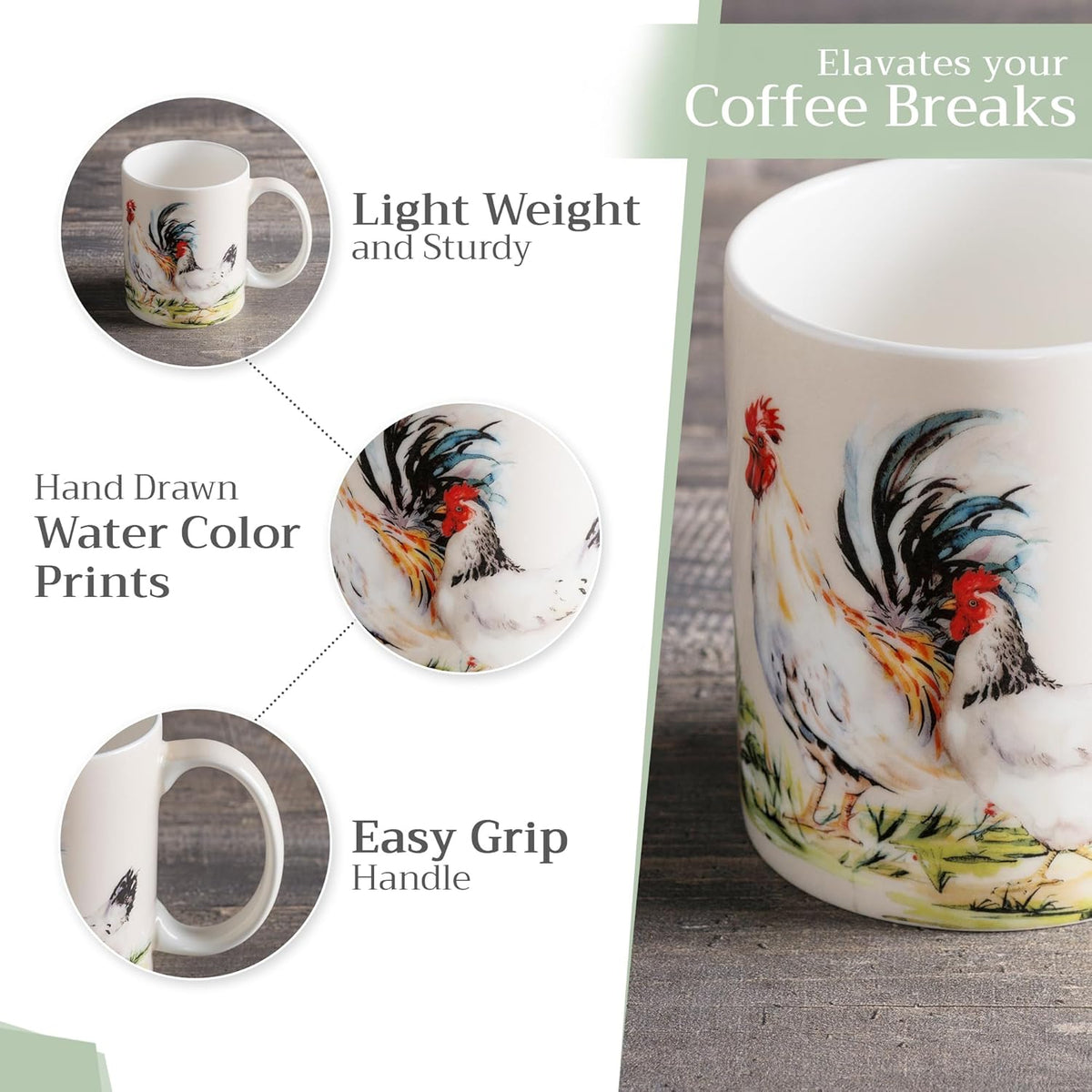 Maison d' Hermine Coffee Mug with Handles Fine Bone China Mugs Pack of One Tea Cups for Hot Beverages Cappuccino Latte Home Restaurant Office Perfect for Gift (Campagne - Basse Cour, 15 Ounce)