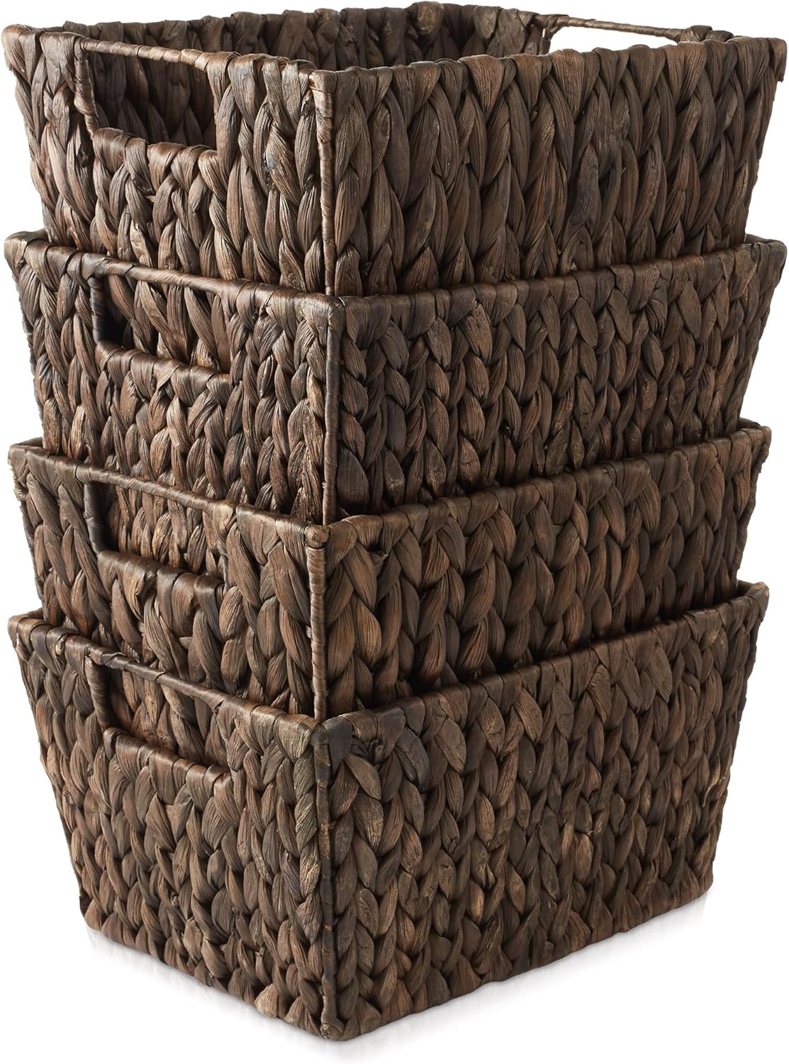 Casafield Set of 4 Water Hyacinth Storage Baskets with Handles - Espresso, Woven Rectangular Storage Bins for Shelves, Blankets, Laundry Organization