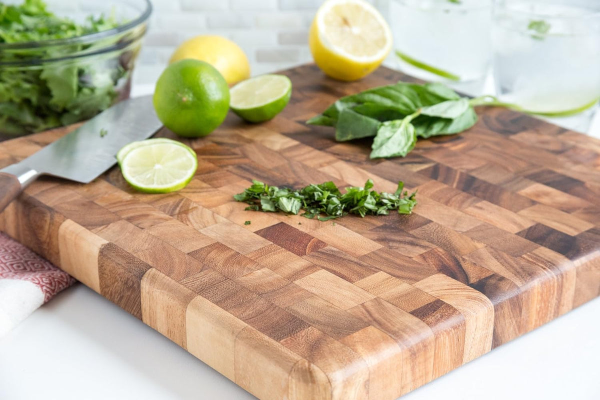Ironwood Gourmet 28218 Square Charleston End Grain Chef's Board, Acacia Wood 14" Square & 28221 Appalachian Salt Cellar, Acacia Wood, 4 x 4 x 2.5 inches, Brown