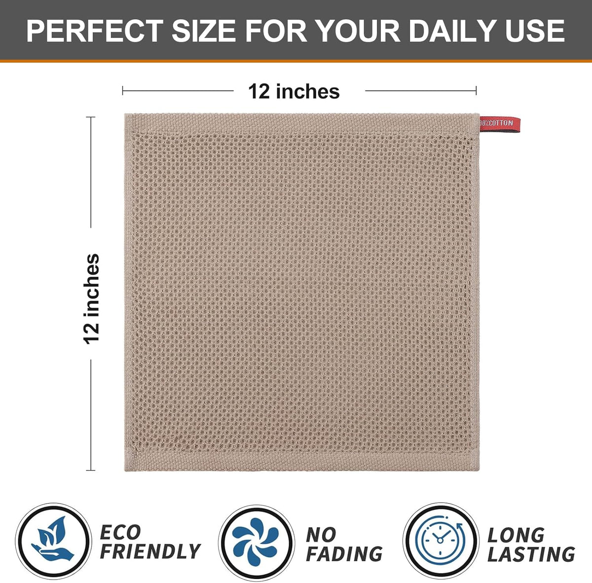 Kitinjoy 100% Cotton Kitchen Dish Cloths, 8 Pack Waffle Weave Ultra Soft Absorbent Towels for Drying Dishes, Quick Drying Kitchen Rags, 12 X 12 Inches, Tan