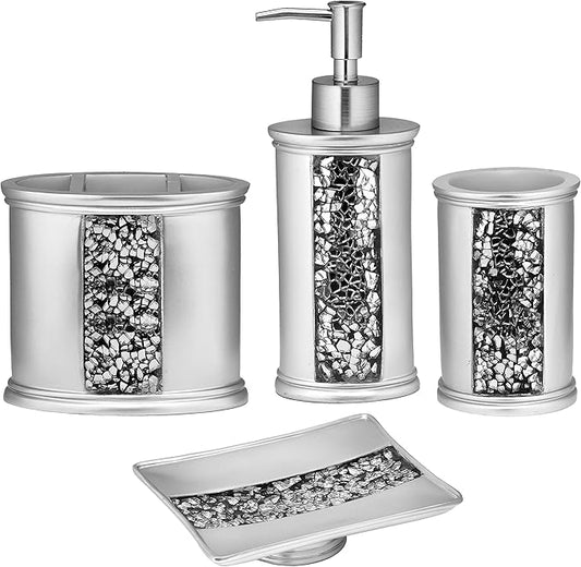 Zahari Home 4pc Sinatra Stylish Bathroom Accessories Set Liquid Soap Dispenser, Tumbler, Tooth Brush Holder and Soap Dish Modern Classic Luxury Decor Bling Mosaic Glass Silver Bathroom Accessories