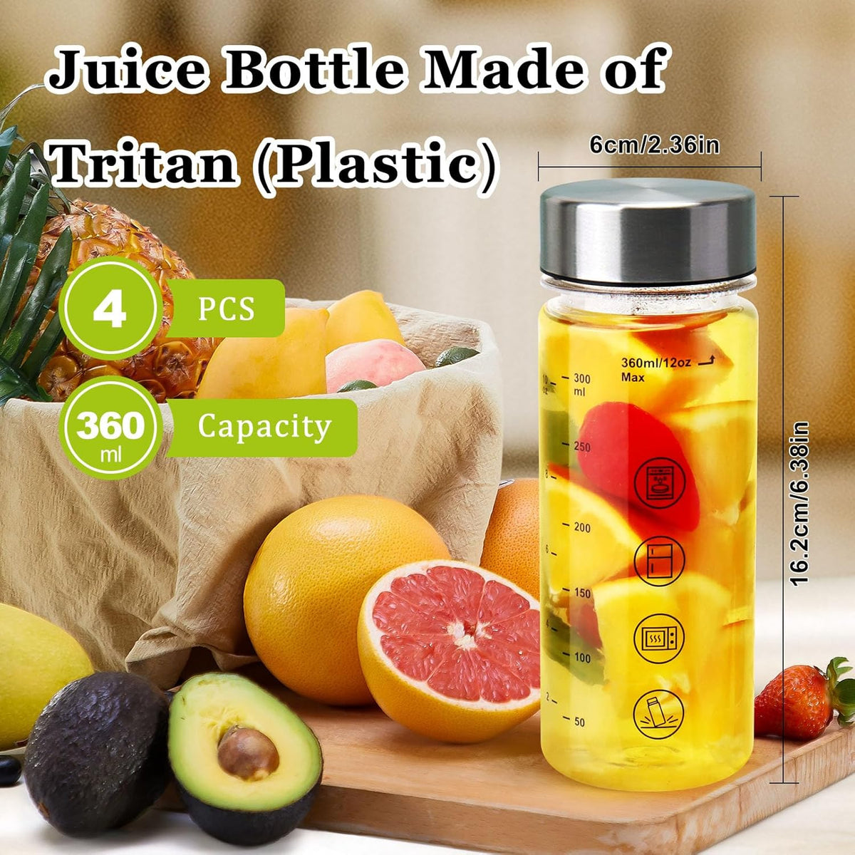 4 Pack Juice Bottles with Caps - Wide Mouth Resuable Clear Plastic Water Bottles for Juicing,Smoothie,Protein, Beverage,Storage Containers,BPA Free,Leakproof Stainless Steel Lid(12 Ounces)