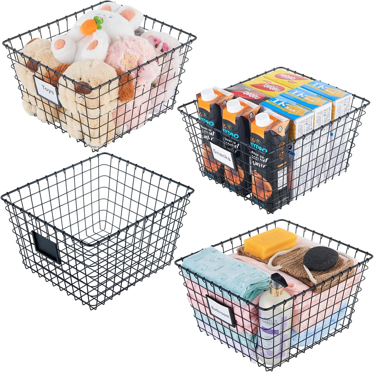 4 Pack【Extra Large】 Wire Handmade Storage Basket for Organizing Household Goods,Pantry Organization,Bathroom countertop,Laundry,Wardrobe Storage Basket,Black