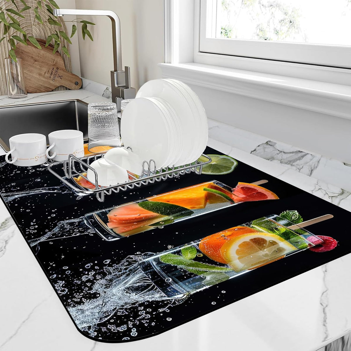 Dish Drying Mat Glasses Filled with Various Fruits Kitchen Mat 12"x19" Bsorbent Coffee Maker Mat for Dishes,Utensils Coffee Maker Pots and Pans Easy Clean Dish Slip Resistant Pad
