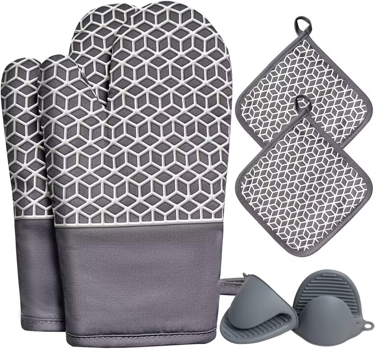 Oven Mitts and Pot Holders Sets 6pcs, Thick Cotton Oven Gloves High Heat Resistant 500℉with Extra Long Oven Mitts and Hot Pads Potholders with Non-Slip Silicone Surface for Cooking Baking