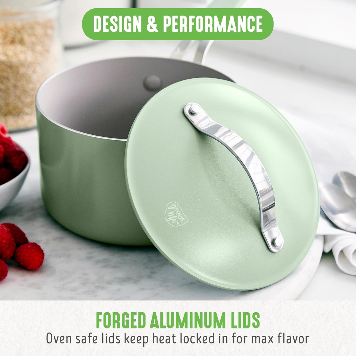 GreenLife 10-Piece Nonstick Ceramic Cookware Set, Lightweight Healthy PFAS-Free Pots & Pans with Lids, Dishwasher & Oven Safe, Durable Body, Silicone Stay-Cool Handles, Easy Release, Sage Green