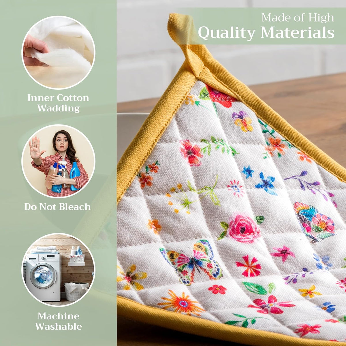 Maison d' Hermine Pot Holders Set 100% Cotton Heat Resistant Potholders 8" x 8" Hot Pads with Loop BBQ, Cooking, Grilling, Kitchen, Handling Hot Pans Spring/Summer (Pack of 2, Happy Florals - Sweety)